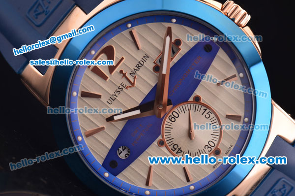 Ulysse Nardin Executive Dual Time Asia ST18 Automatic Rose Gold Case with Blue Bezel and White Dial - ETA Coating - Click Image to Close